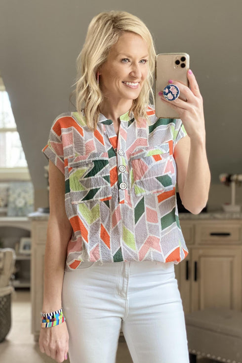 Nico Drawstring Roll Sleeve Top - Peach Geo